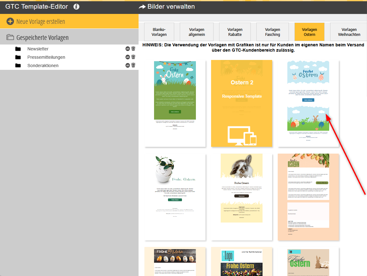 Auswahl Template Vorlagen